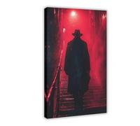 Poster su tela con scritta "A Man in a Black Coat Passeggia giù per una scala illuminata di rosso sotto la pioggia notturna". Decorazione per camera da letto, ufficio, camera da letto, regalo