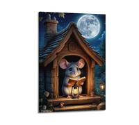 Poster su tela con stampa moderna per la casa, poster con animali che leggono topolino nella cabina al chiaro di luna, porta un'atmosfera tranquilla da favola nelle stanze dello studio, stanze dei