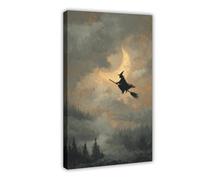 Poster su tela con strega che vola oltre la luna crescente, decorazione per camera da letto, ufficio, camera da letto, regalo, 60 x 90 cm