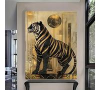 Poster su tela, dipinto a olio astratto con tigre nera e strisce dorate, stampe artistiche da parete, opera d'arte classica per l'arredamento del soggiorno (60x80 cm/cornice interna)