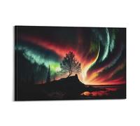 Poster su tela, motivo: aurora boreale, cielo notturno, silhouette albero riflesso, decorazione artistica da parete moderna per camera da letto, 20 x 30 cm