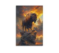 Poster su tela, motivo: bisonte americano, tramonto a Rocky Wilderness Epic Nature, decorazione artistica per camera da letto, 50 x 75 cm