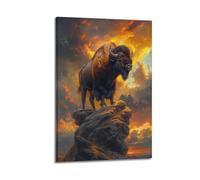 Poster su tela, motivo: bisonte americano, tramonto a Rocky Wilderness Epic Nature, decorazione artistica per camera da letto, 30 x 45 cm