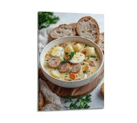 Poster su tela, motivo: cibo, salsiccia polacca e zuppa di patate con pane, decorazione moderna per camera da letto, 60 x 90 cm