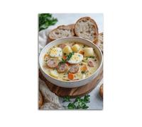 Poster su tela, motivo: cibo, salsiccia polacca e zuppa di patate con pane, decorazione moderna per camera da letto, 30 x 45 cm