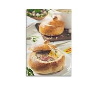 Poster su tela, motivo: cibo, salsiccia polacca e zuppa di uova nella ciotola del pane, decorazione moderna per camera da letto, 60 x 90 cm