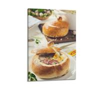 Poster su tela, motivo: cibo, salsiccia polacca e zuppa di uova nella ciotola del pane, decorazione moderna per camera da letto, 50 x 75 cm