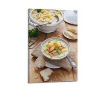 Poster su tela, motivo: cibo, salsiccia polacca e zuppa di verdure con pane, decorazione moderna per camera da letto, 60 x 90 cm