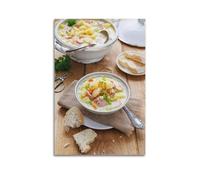 Poster su tela, motivo: cibo, salsiccia polacca e zuppa di verdure con pane, decorazione moderna per camera da letto, 50 x 75 cm