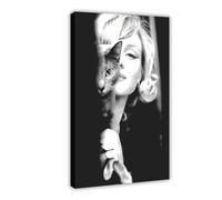 Poster su tela, motivo: Marilyn Monroe e il gatto, decorazione per camera da letto, per ufficio, camera da letto, regalo, con cornice, 20 x 30 cm