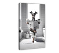 Poster su tela, motivo: Retriever che legge un giornale sulla toilette, decorazione per camera da letto, ufficio, camera da letto, regalo, 40 x 60 cm