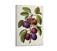 Poster su tela per decorazione moderna di famiglia e ufficio, stile retrò con rami in stile storico naturale con prugne viola, 40 x 60 cm, con cornice