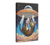 Poster su tela Ufo rapito il gatto, decorazione per camera da letto, ufficio, camera da letto, regalo, 40 x 60 cm