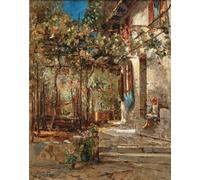 Poster terrazzo giardino illuminato dal sole vecchia casa in pietra arte da...