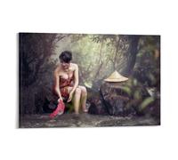 Poster tradizionale retrò asiatico con ragazza che lava i vestiti vicino al lago, arte vintage, tela da parete, decorazione estetica, soggiorno, camera dei bambini, dormitorio, bar, bagno, adatto per