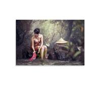 Poster tradizionale retrò asiatico con ragazza che lava i vestiti vicino al lago, arte vintage, tela da parete, decorazione estetica, soggiorno, camera dei bambini, dormitorio, bar, bagno, adatto per