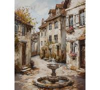 Poster villaggio artistico parete fontana cortile europeo -...