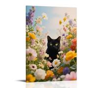 Poster vintage con animali gatto tra i fiori, stampa artistica da parete, decorazione estetica per soggiorno, camera dei bambini, dormitorio, bar, bagno, adatto per camera da letto, palestra, 60 x 90