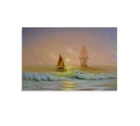 Poster vintage con navi sul mare all'alba, stampa artistica da parete, decorazione estetica, soggiorno, camera dei bambini, dormitorio, bar, bagno, adatto per camera da letto, palestra, 50 x 75 cm