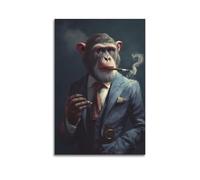 Poster vintage con scimpanzé in vestito, orologio da tasca, immagine decorativa su tela con sigari che fumano animali, opera d'arte per camera da letto, 50 x 75 cm