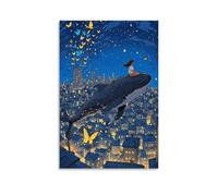 Poster vintage con scolaretta seduta su una balena che vola sopra la città, tela da parete, decorazione estetica, soggiorno, camera dei bambini, dormitorio, bar, bagno, adatto per camera da letto