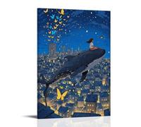 Poster vintage con scolaretta seduta su una balena che vola sopra la città, tela da parete, decorazione estetica, soggiorno, camera dei bambini, dormitorio, bar, bagno, adatto per camera da letto