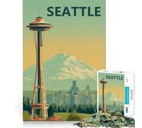 Poster vintage di Seattle con Space Needle Puzzle da 1000 pezzi per adolescenti Giocattolo di logica stimolante Fuga rilassante Bordo trasparente Regalo di compleanno (50x75cm)