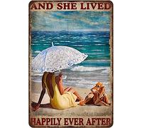 Poster vintage Go to The Beach Dog Lover and She Lived Happily Ever Aver, in metallo e alluminio, decorazione da parete 20 x 30 cm