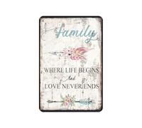 Poster vintage in metallo con scritta "Family Where Life Begins and Love Never Ends", per bagno, casa, giardino, negozio, caffetteria, 20 x 30 cm, stile retrò, poster in metallo per casa, fattoria