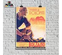 POSTER VINTAGE VISITATE LE DOLOMITI BOLZANO PISTE SCI NEVE INVERNO ESTATE MONTI