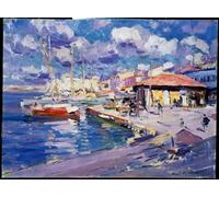 POSTERIIk Dipinti Famosi Murale Tela Vintage Quadri Vista del donde amarran los barcos Konstantin Alekseevich Korovin per L'arredamento del Soggiorno 60x90cm