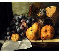 POSTERIIk Pittura Immagine Tela Dipinti d'arte graffiti Peras Uvas Ciruelas Greengage Un matraz de gres y una cesta de mimbre en un cucharón de madera per la Decorazione Della Parete 60x90cm