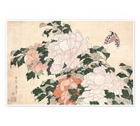 Posterlounge Peonie e una farfalla Poster di Katsushika Hokusai 120 x 80 cm Beige Quadri Decorazione per pareti