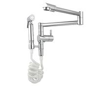 Pot Filler Kitchen Sink Faucet with Sprayer, Wall-Mount Single Cold Water Folding Faucet, Brass Handle Retractable Swing Arm,Chrome (Black)