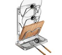 Pot Lid Rack, Vertical Stainless Steel Kitchen Organizer With Spoon Spatula Display Slots, Pan Lid Holder With Removable Drip Tray And Stable Base For Home Pantry Counter Restaurant Dish Plate Cutting