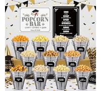 Potchen 32 pezzi per feste di laurea popcorn bar forniture classe 2026 caramelle buffet decorazione 2 cartelli di carta popcorn bar con 12 secchi snack in metallo 18 etichette alimentari per feste di