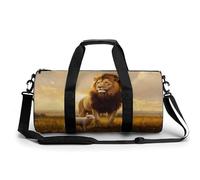 Potente leone maschio in piedi con un piccolo agnello borsa da palestra da viaggio per donne uomini borsone cilindrico borsa da allenamento sportivo con tracolla