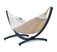 Potenza Amaca da Giardino con Supporto - Amaca Doppia 220x160 cm, 200 kg in Cotone con Tytan Struttura in Acciaio lunga 370 cm, Portata 350 kg, con Telaio Resistente alle Intemperie, Colore Beige