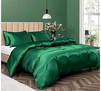 Pothuiny - Set copripiumino in raso di lusso, 5 pezzi, setoso, verde smeraldo, copripiumino + federe, per letto matrimoniale/matrimoniale, chiusura con cerniera