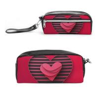 POTSCBVW Astuccio a righe e cuori, grande capacità, con due scomparti, astuccio in pelle con cerniera, borsa per cosmetici da viaggio portatile per donne e uomini