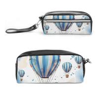 POTSCBVW Astuccio blu con mongolfiera, grande capacità, con due scomparti, astuccio in pelle con cerniera, borsa portatile da viaggio per cosmetici per donne e uomini