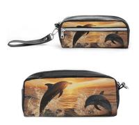 POTSCBVW Astuccio con delfini che saltano fuori dall'acqua al tramonto, grande capacità, con due scomparti, astuccio in pelle con cerniera, astuccio portatile da viaggio per donne e uomini