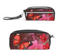 POTSCBVW Astuccio con fiori rossi e farfalle, grande capacità, con due scomparti, astuccio in pelle con cerniera, borsa per cosmetici da viaggio portatile per donne e uomini