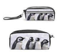 POTSCBVW Astuccio con pinguini con neve, grande capacità, con due scomparti, astuccio in pelle con cerniera, borsa portatile da viaggio per donne e uomini