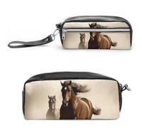 POTSCBVW Astuccio per matite con animali che corrono con cavalli, grande capacità, con due scomparti, astuccio in pelle con cerniera, borsa portatile da viaggio per cosmetici per donne e uomini