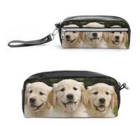 POTSCBVW Astuccio per matite con cuccioli di Golden Retriever, grande capacità, con due scomparti, astuccio in pelle con cerniera, borsa portatile da viaggio per cosmetici per donne e uomini