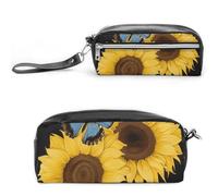 POTSCBVW Astuccio per matite con girasoli gialli con farfalle blu, grande capacità, con due scomparti, astuccio in pelle con cerniera, astuccio portatile da viaggio per donne e uomini