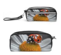 POTSCBVW Astuccio portamatite a forma di coccinella e margherita, grande capacità, con due scomparti, astuccio in pelle con cerniera, borsa portatile da viaggio per donne e uomini