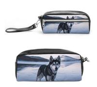 POTSCBVW Astuccio portamatite con cane Husky su un lago di ghiaccio, grande capacità, con due scomparti, astuccio in pelle con cerniera, astuccio portatile da viaggio per donne e uomini