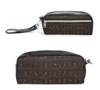 POTSCBVW Astuccio portamatite con geroglifico egiziano antico, grande capacità, con due scomparti, astuccio in pelle con cerniera, borsa portatile da viaggio per cosmetici per donne e uomini